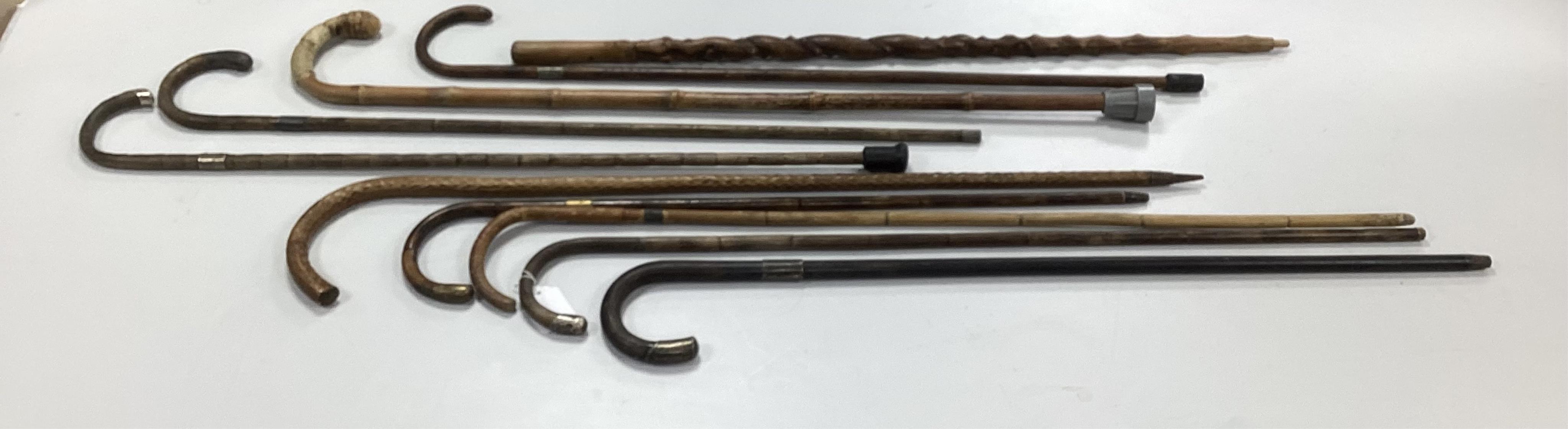 A collection of ten carved walking sticks, some silver mounted